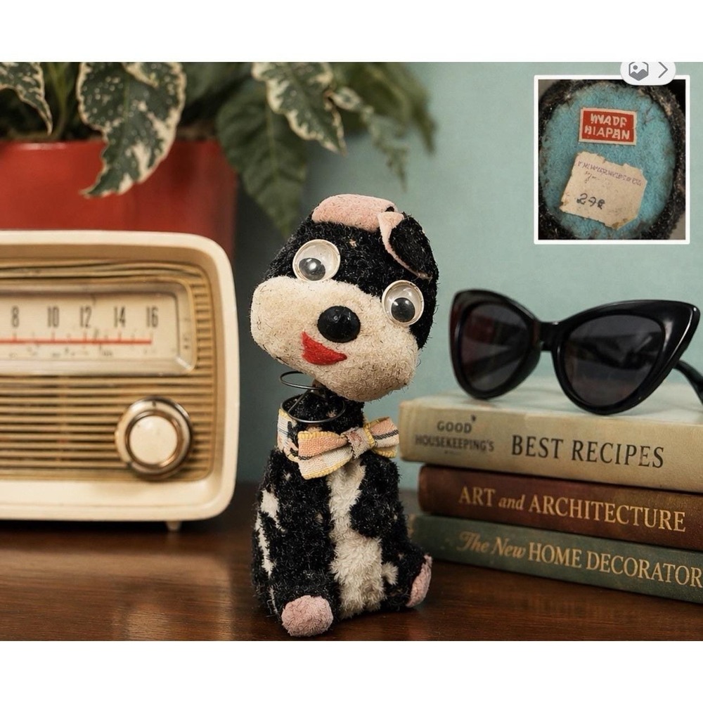Japan Nodder Dog Bobble Head Felt Flocked Puppy Figurine 1950s Kitsch MCM